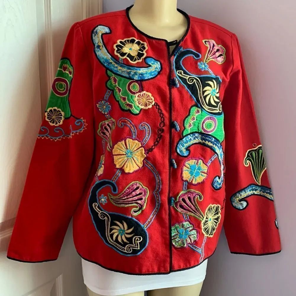 Indigo Moon QVC Embellished Blazer Button Down Jacket M Red/ Multi